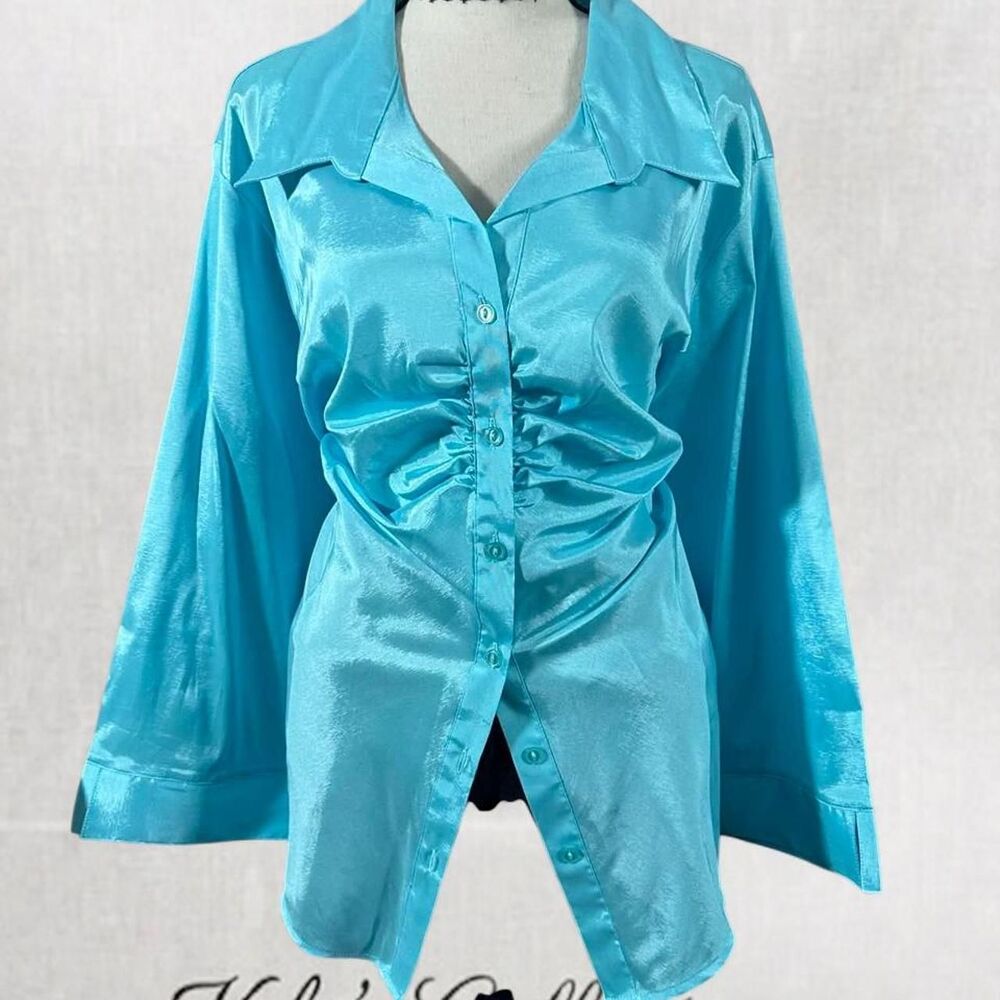 Fairycore Whimsical Blue Satin Button Up Blouse with Ruched Front